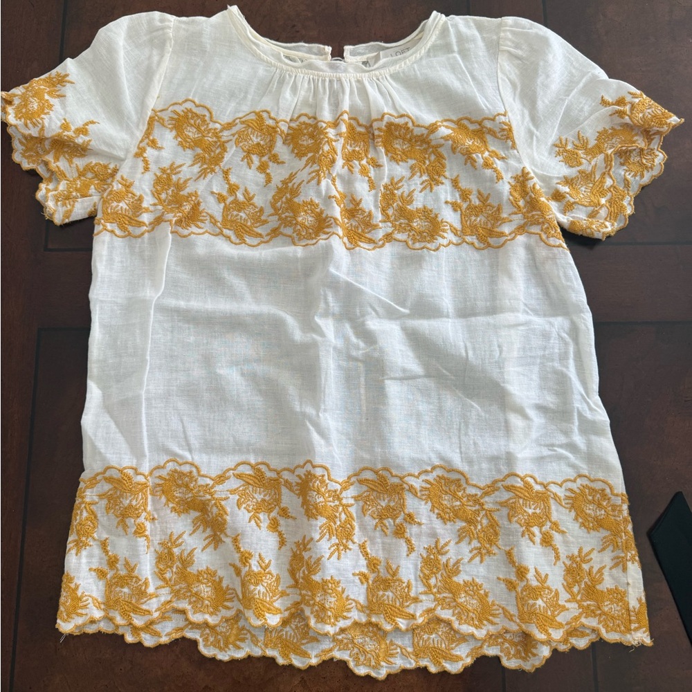 LOFT White Cotton Blouse with Yellow Embroidery